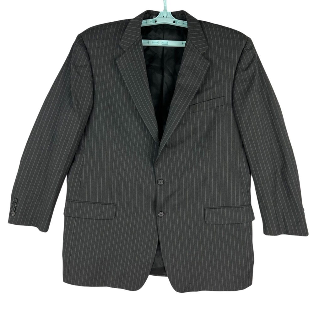 Hickey Freeman Men's Black Pinstripe Wool Blazer Jacket Coat Size 46 Long